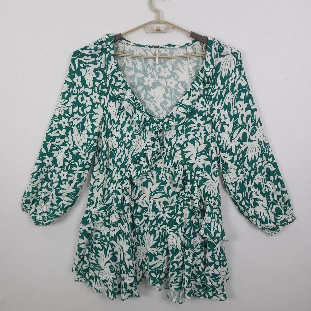 Free People Dress Womens Large Green Floral Long Sleeve Ruffle Hem Boho Swing